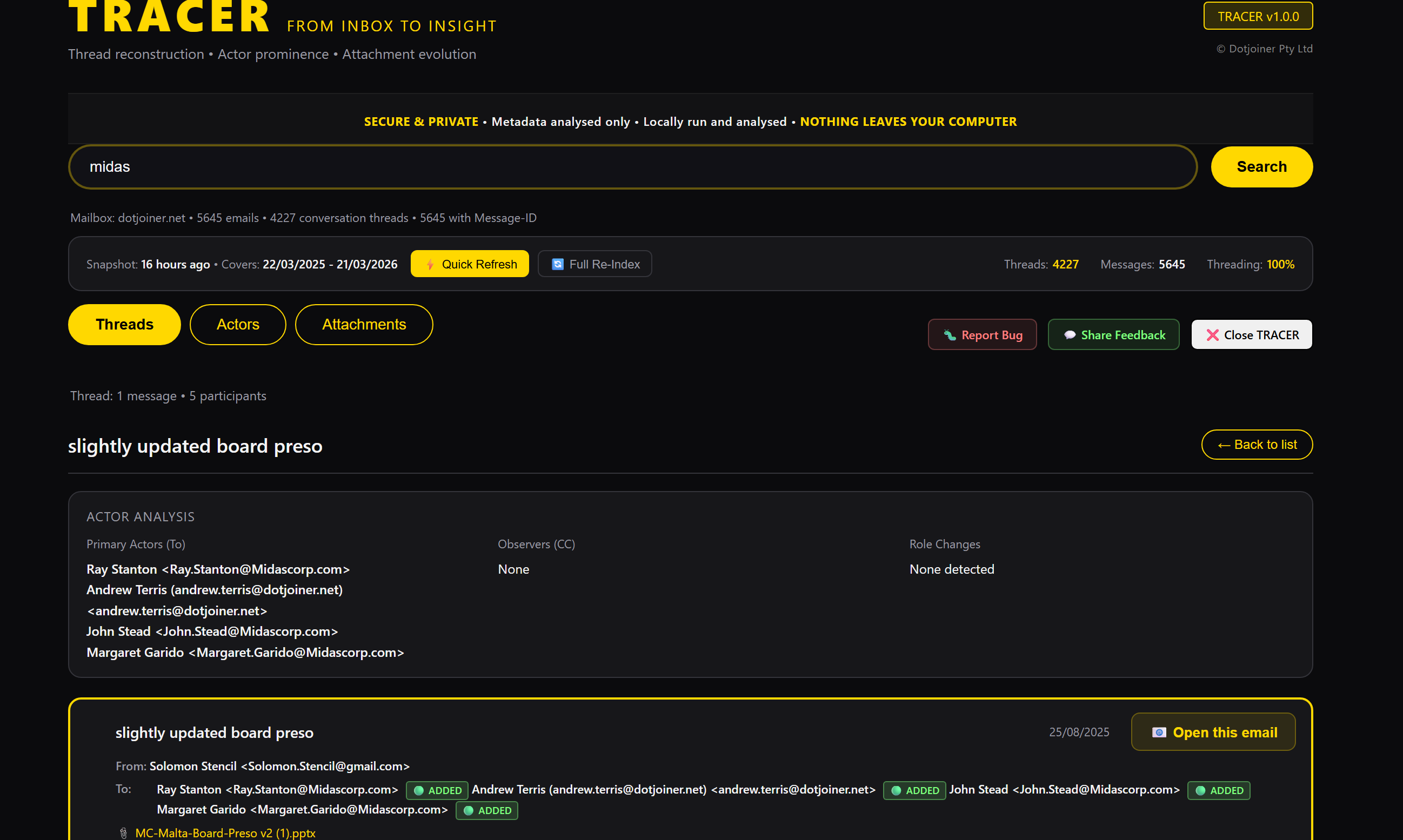 TRACER thread reconstruction and actor analysis